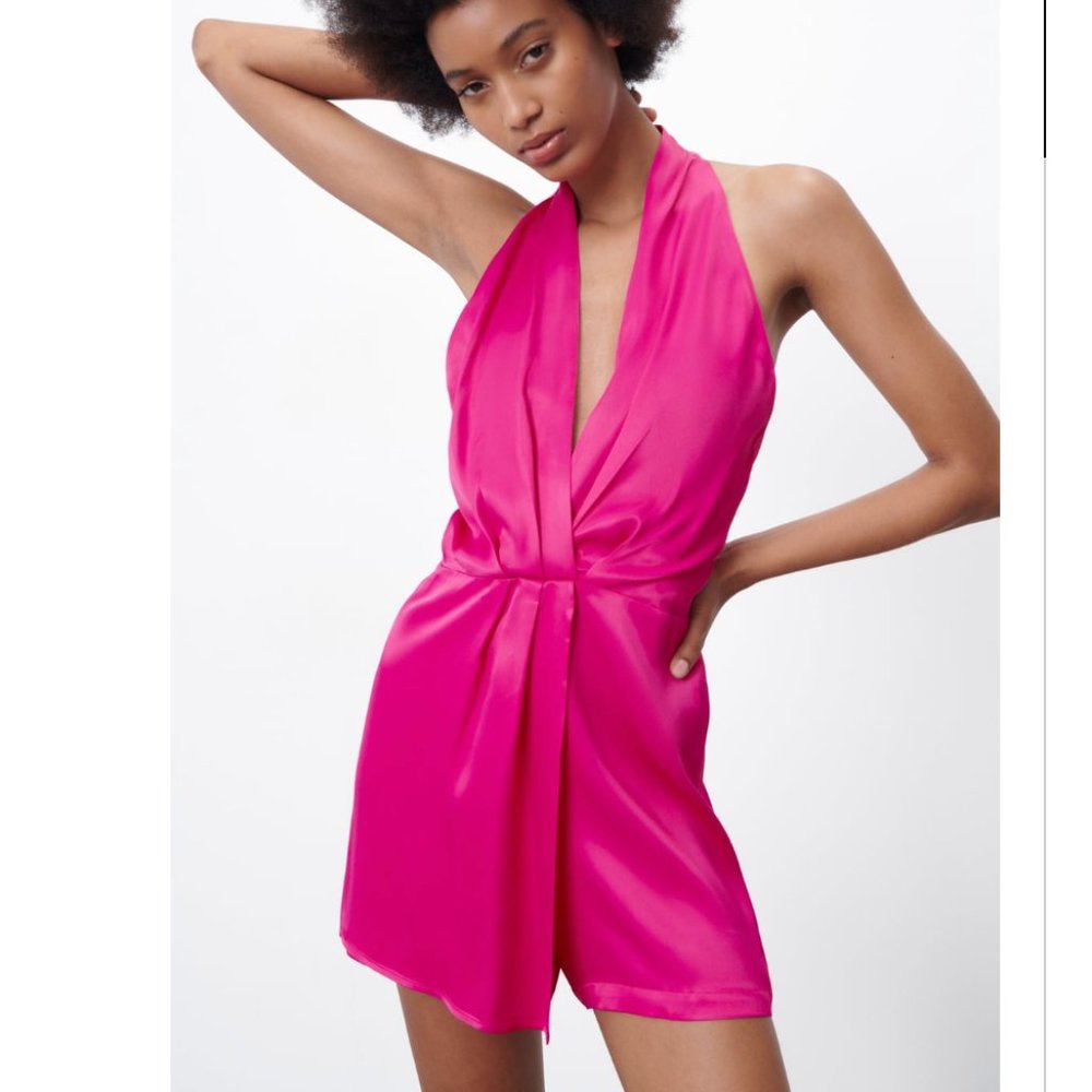 NWT ZARA SATIN EFFECT SHORT JUMPSUIT FUCHSIA
